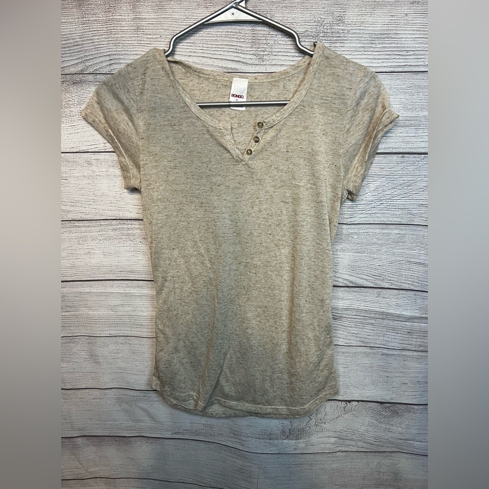 Bongo‎ Y2K Juniors Heather Beige Short Sleeve Button Henley Tee Size M